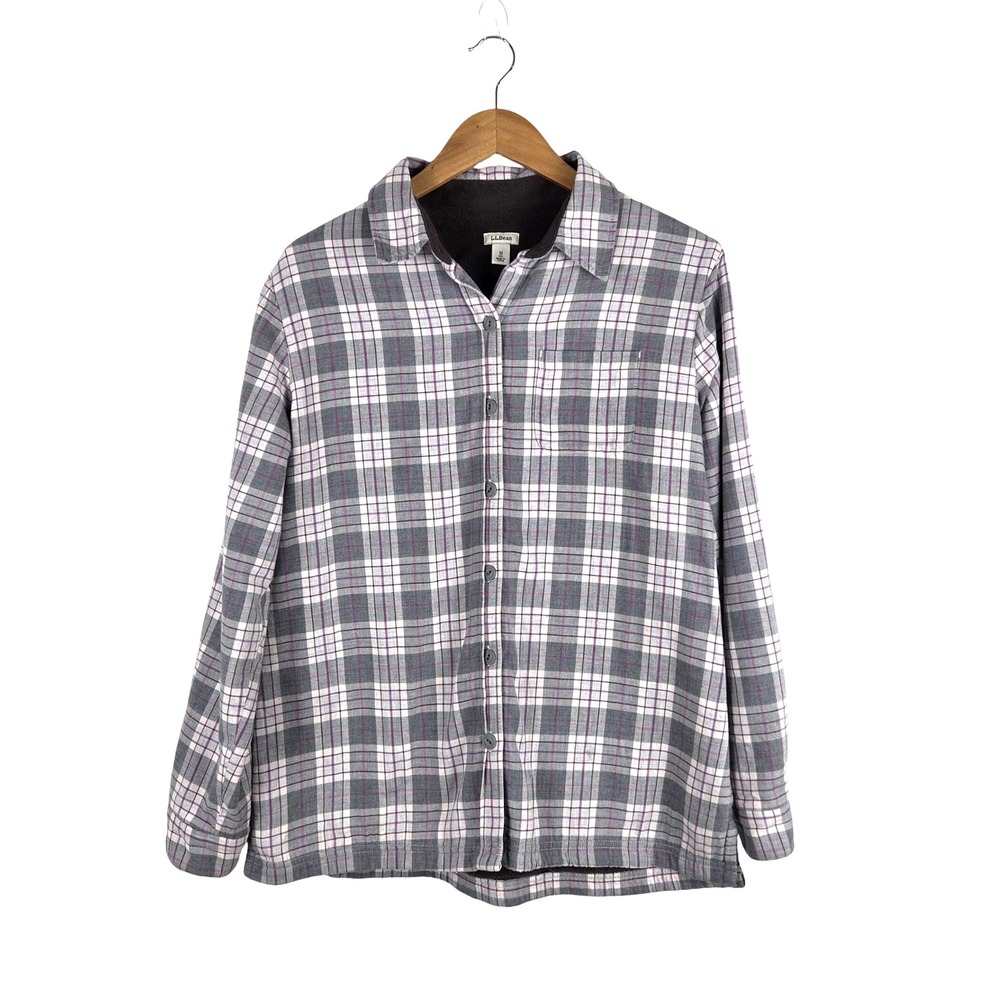 LL Bean Womens Flannel Fleece Lined Shirt Jacket Gray Purple Plaid M Cabincore